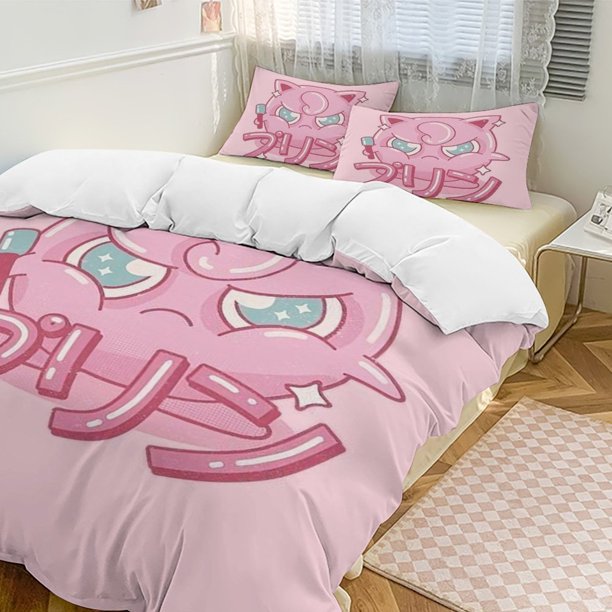 Jigglypuff Bed Duvet Cover Funny Anime Cartoon Bedding Sets Lightweight 3 Piece Comforter Sets