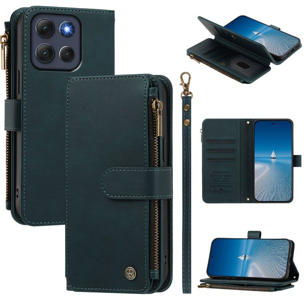 Funda Billetera Motorola Moto G86 con Cremallera y Soporte, Verde