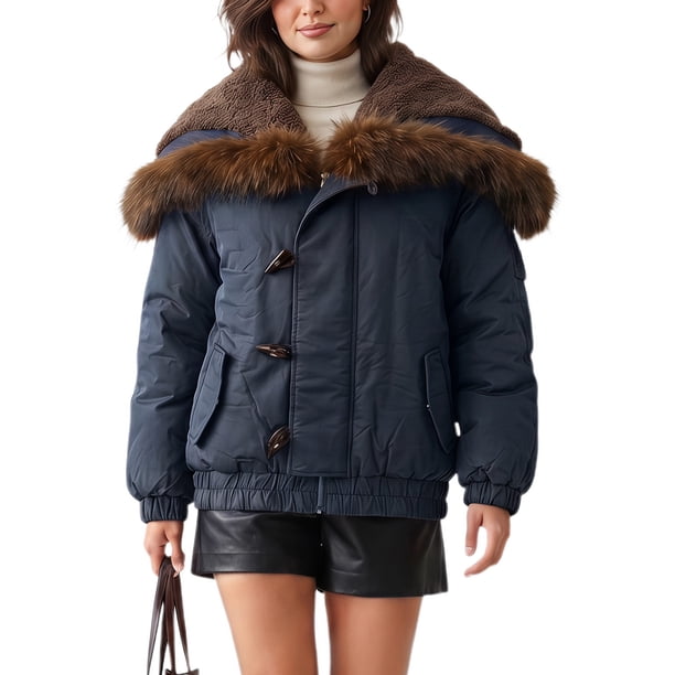 INSPIRE CHIC Chaqueta de Mujer con Ribete de Piel Sintética, Recortada, Oversize, Ajustable, Forrada de Forro Polar, Grande, Azul Marino
