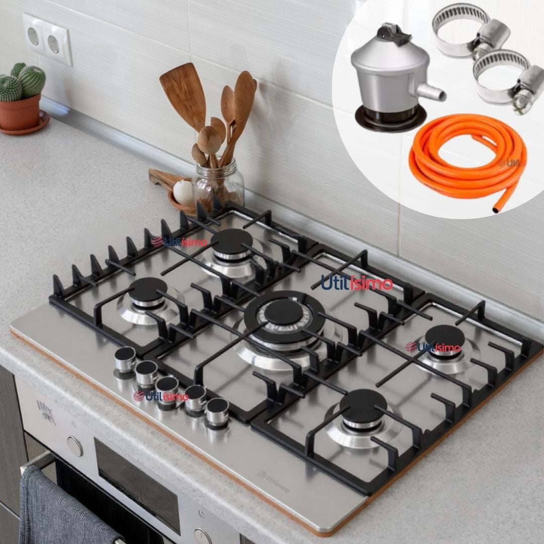 Line - Encimera Gas Licuado 5 Platos Acero Inox Con Chispero + Kit De Instalación