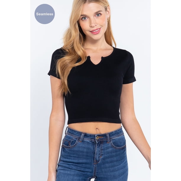 Saronite Top Corto de Manga Corta con Cuello Entallado y Punto Acanalado Básico, Negro (para Mujer)