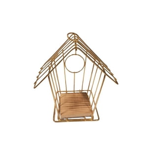 Mundo Eve - Adorno Dorado Casa Pájaro Metálico Base Madera