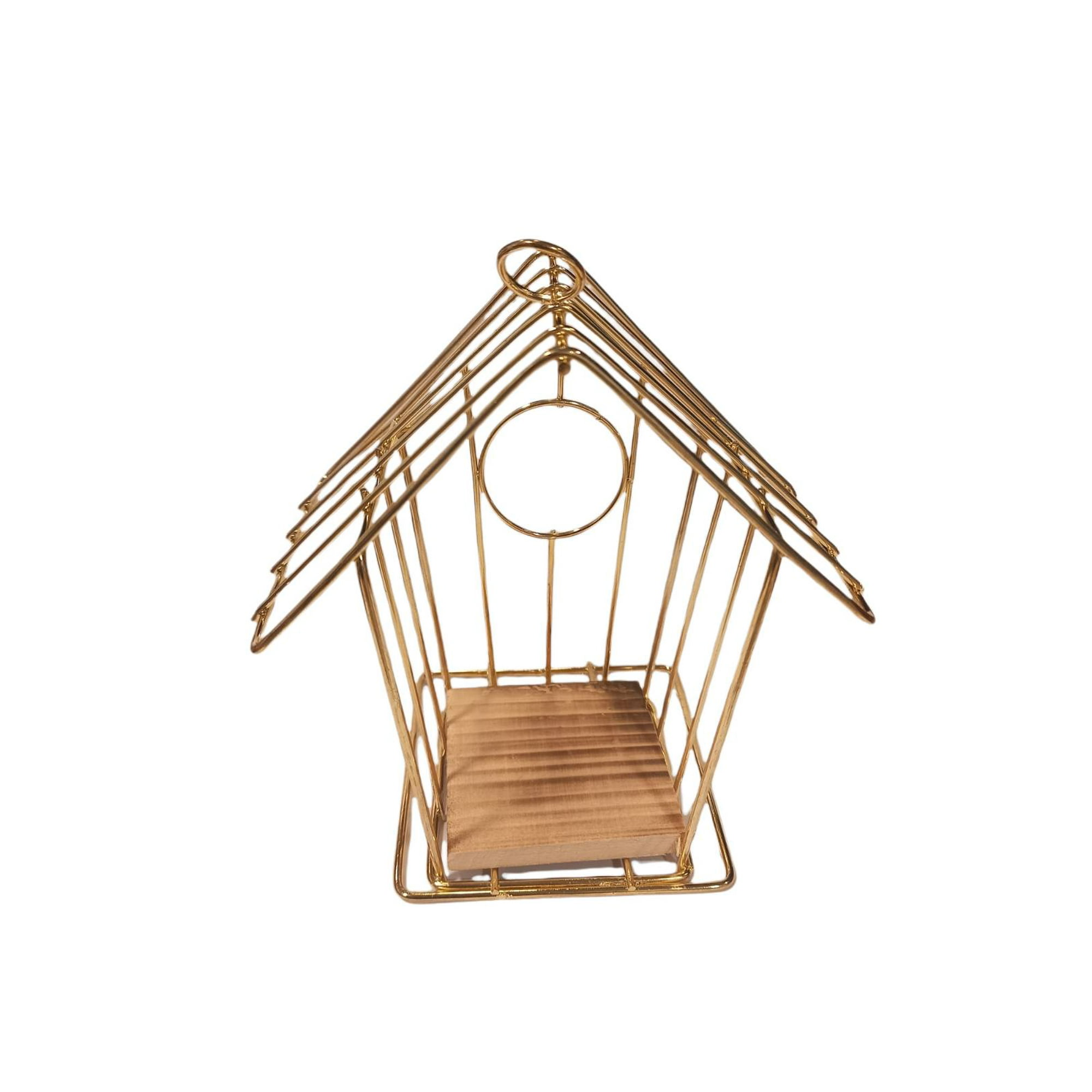 Mundo Eve - Adorno Dorado Casa Pájaro Metálico Base Madera
