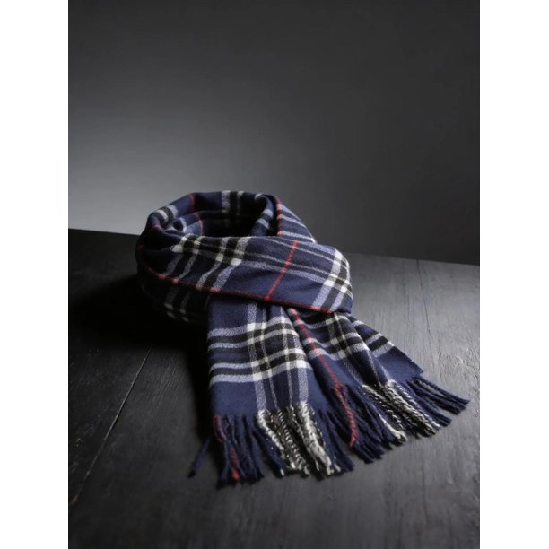 Bufanda Hombre Cachemira Delgada Cuadros Y Flecos 180x33 Cms azul marino Talla Única