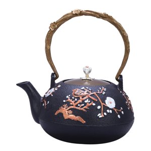 Magideal - Tetera De Hierro Fundido Floral Con Relieve Negro, Tetera De Hierro Japonesa Para Té De Hojas Sueltas, Construcción Duradera, Interior Esmaltado, A