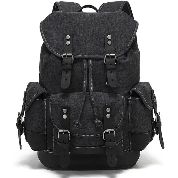 Mochila HuaChen M86 vintage de lona de cuero 28,5 L negra