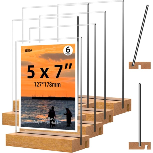 Porta letrero acrílico de 5 x 7 pulgadas con base de madera, vertical e inclinado