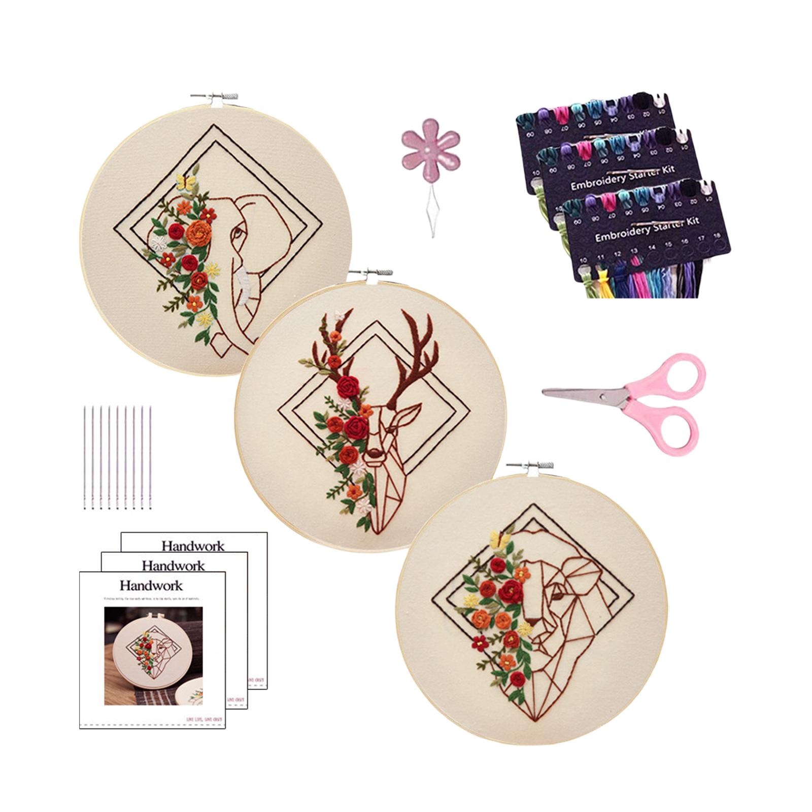 Magideal - 3X Kit De Inicio De Bordado Con Patrón Floral Con Aro De Bordado Ciervo, , León Moderno Hecho A Mano Preimpreso Costura Práctica Estampado Diy