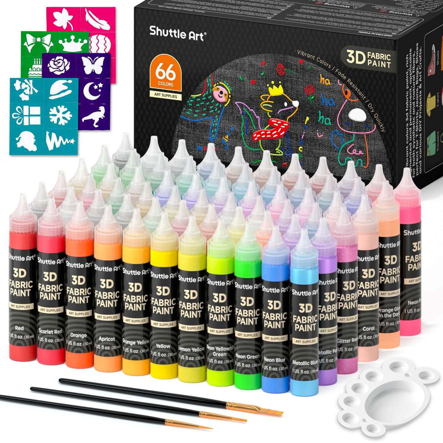 Shuttle Art - Pintura Para Tela 66 Colores Con Plantilla Y Pinceles 30 Ml
