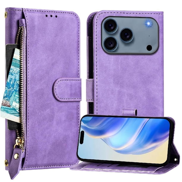 Funda Billetera Cremallera para iPhone 17 Pro Max con Porta Tarjetas, Soporte y Correa Morado