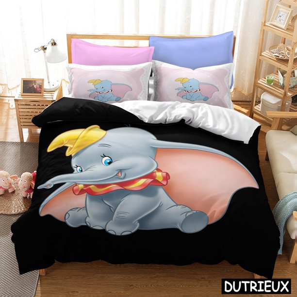 v856 Bed Sheets Lovely Dumbo Flying Baby Elephant Bedding Set Stars Moon Kids Girls Cartoon Duvet Cover Set Bedclothes Gift Twin Full Queen King 3-Piece Bedding Set (1 Duvet Cover + 2 Pillow Shams) Be