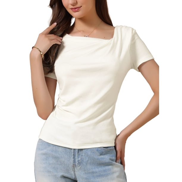 INSPIRE CHIC Top de Manga Corta para Mujer con Fruncido, Camiseta Básica Ajustada para Salir, Blusa XS Blanca