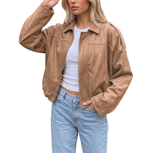 INSPIRE CHIC Chaqueta Bomber de Mujer de Imitación de Ante Casual Recortada con Cremallera y Solapa de Manga Murciélago Abrigo Exterior Talla X Grande Caqui