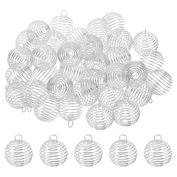 Colgante de Jaulas de Cuentas en Espiral Uxcell, 60 Piezas 25x30mm Soporte de Piedra de Resorte de Acero Inoxidable Colgantes de Jaula de Collar Tono Plateado
