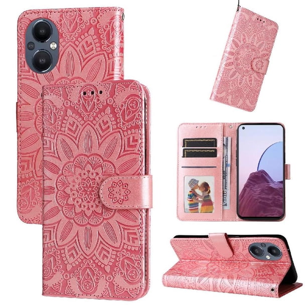 Funda tipo cartera FOXDOCK para OnePlus Nord N20 5G , diseño girasol en relieve, cuero PU, cierre magnético, soporte y tarjetero