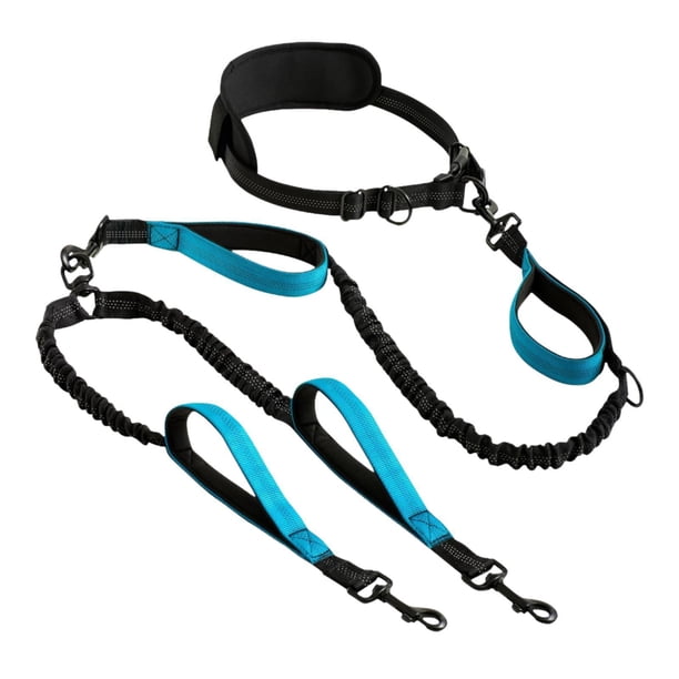 Correa retráctil para perros con manos libres y doble elástico reflectante, costura reflectante antitirones, correa doble para perros para canicross Azul