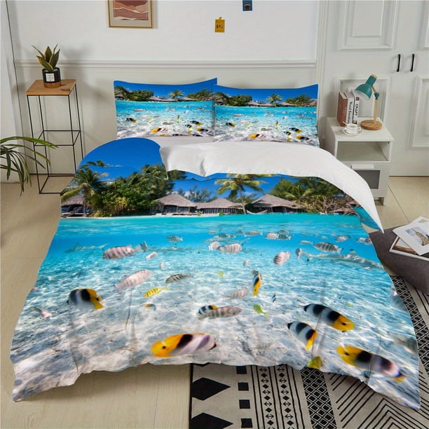 2/3pcs Duvet Cover Set, Fish Beach Print Bedding Set, Soft Comfortable Breathable Duvet Cover, For Bedroom Guest Room Dorm (1*Duvet Cover + 1/2*Pillowcase, Without Core)