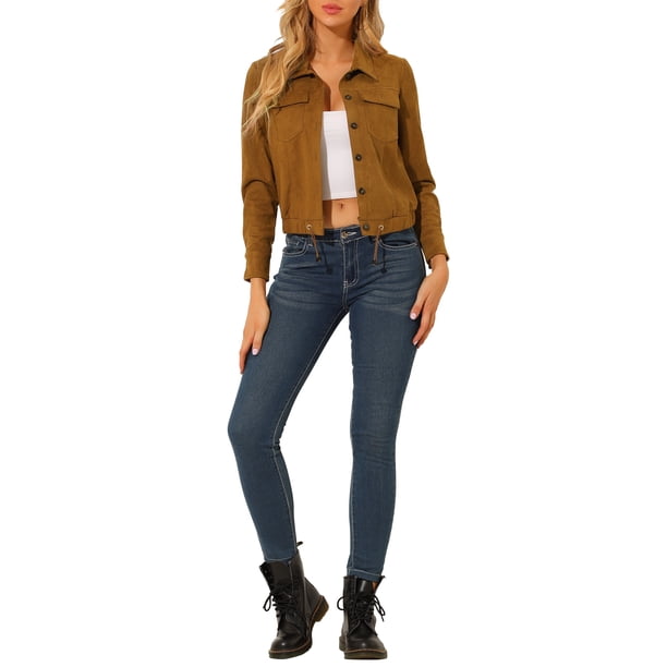 INSPIRE CHIC Chaqueta de Mujer de Imitación de Ante con Botones, Cuello Abierto, Chaqueta de Motociclista Recortada para Otoño e Invierno M Marrón
