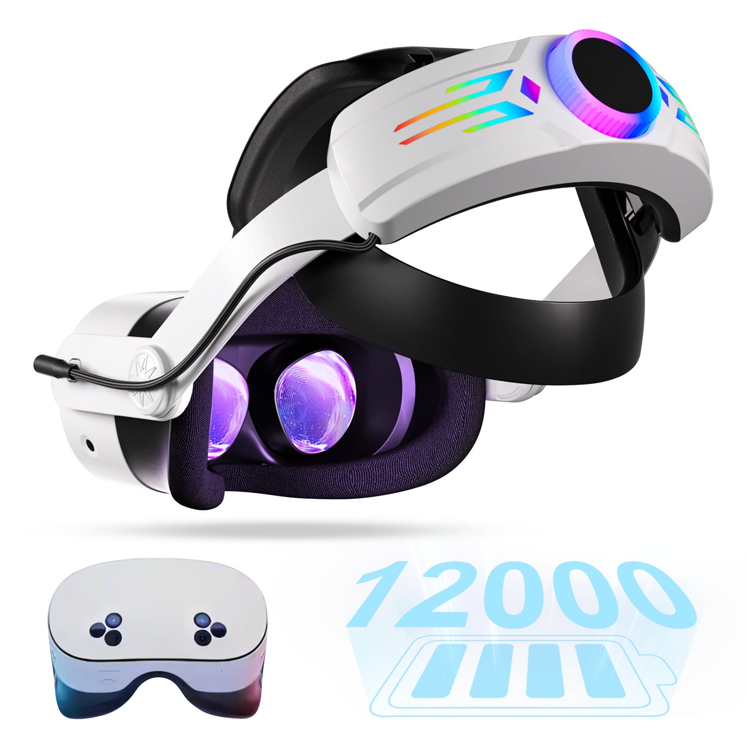 Genérico - Correa Para La Cabeza Vr Compatible Con Meta Quest 3/3s Con Batería Incorporada De 12000mah, Diadema Ajustable, Accesorio De Mayor Comodidad Y Durabilidad-blanco