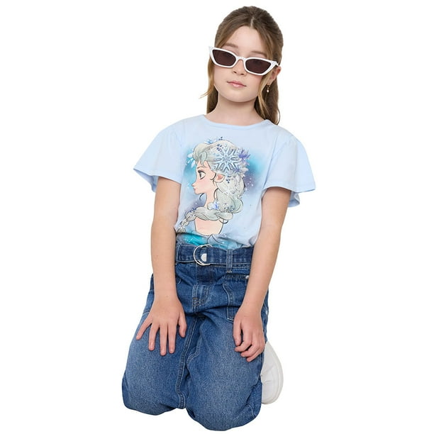 Polera Niña Kids MC Vuelos Elsa Frozen Celeste Corona