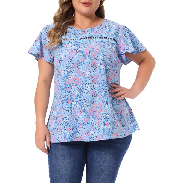Agnes Orinda Blusa de Verano Casual para Mujer de Talla Grande con Estampado Floral, Cuello Redondo con Encaje Frontal y Manga Corta, Talla 4X Azul