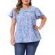 thumbnail image 1 of Agnes Orinda Blusa de Verano Casual para Mujer de Talla Grande con Estampado Floral, Cuello Redondo con Encaje Frontal y Manga Corta, Talla 4X Azul, 1 of 6