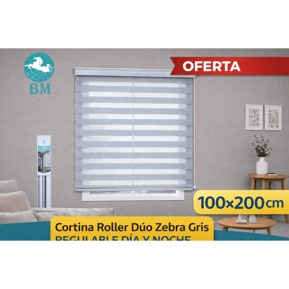 Cortina Roller Dúo Zebra Gris 100x200 cm Regulable Día y Noche