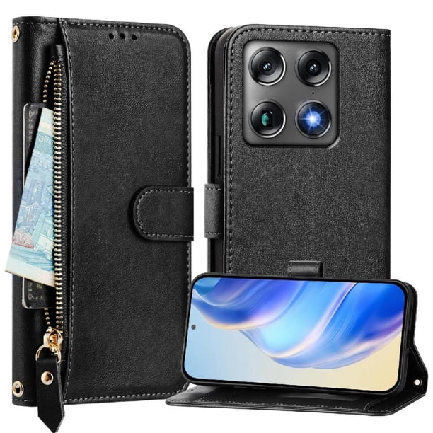 Funda Billetera Cremallera para Motorola Signature con Porta Tarjetas, Soporte y Correa Negro