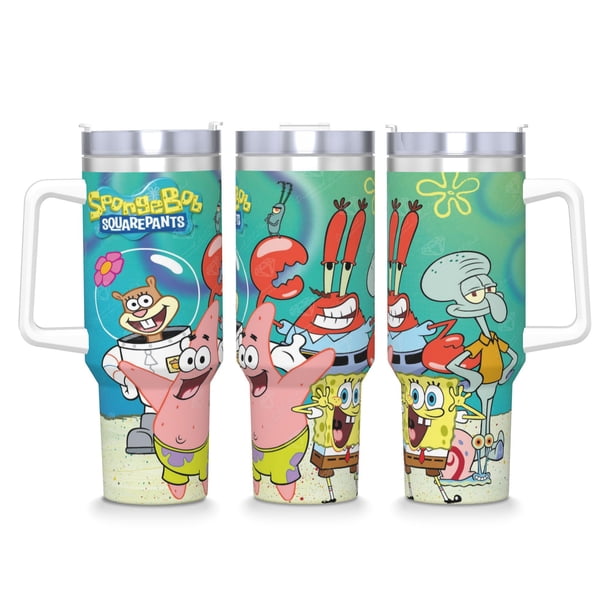 Bob Esponja Vaso aislado de acero inoxidable con asa, diseño temático, regalo para familia, amigos y fans; incluye pajita y encaja en el portavasos estándar, 40 oz