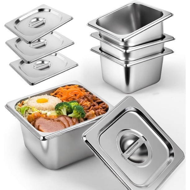 Paquete de 12 Bandejas Gastronómicas Tamaño 1/6 con Tapas, Bandeja para Mesa de Vapor de 10cm de Profundidad con Tapa, Bandejas de Acero Inoxidable 16*17cm para Hogar, Fiesta, Hotel