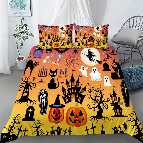 Hallow-een 3-Piece- Bedding S-et-Cute Pump-kin Tombst-one Bat an-d Black Cat Ca-stle Patte-rn | Soft Bre-athable Polyes-ter Duvet C-over an-d Pillowcase | Mach-ine Washable
