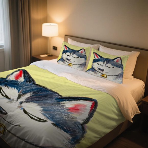 Blue Dog Duvet Cover Set Vintage Print Bedding Soft