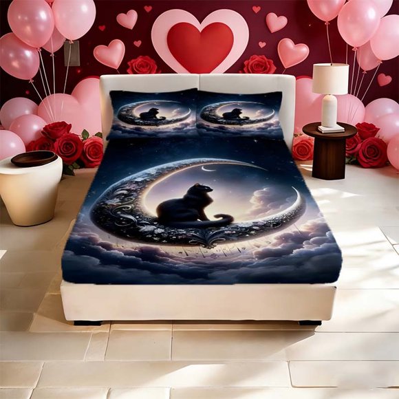 Black Cat Sitting on Crescent Moon Printed Fitted Sheet Set a Must-have for Home and Guest Rooms Features Deep Pockets for Secure Fit and Stability Soft and Bre