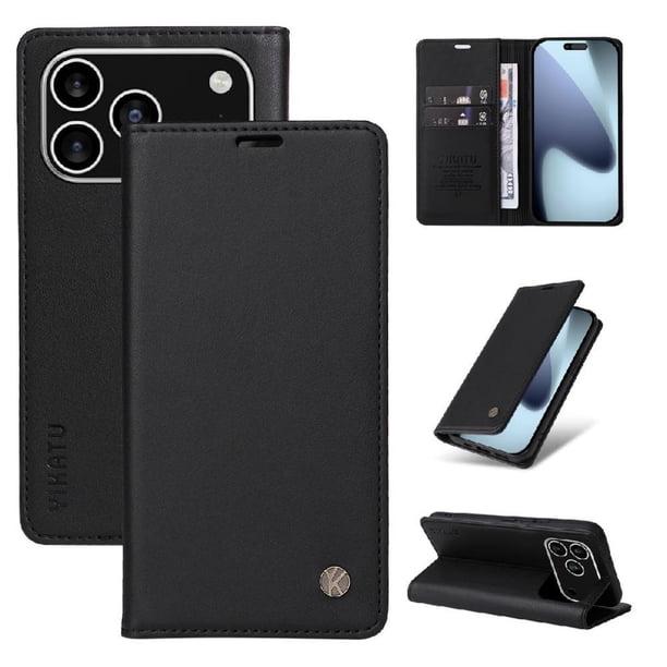 Funda Billetera de Cuero para iPhone 17 Pro Max con Tarjetero y Soporte - Tapa Magnética Negro