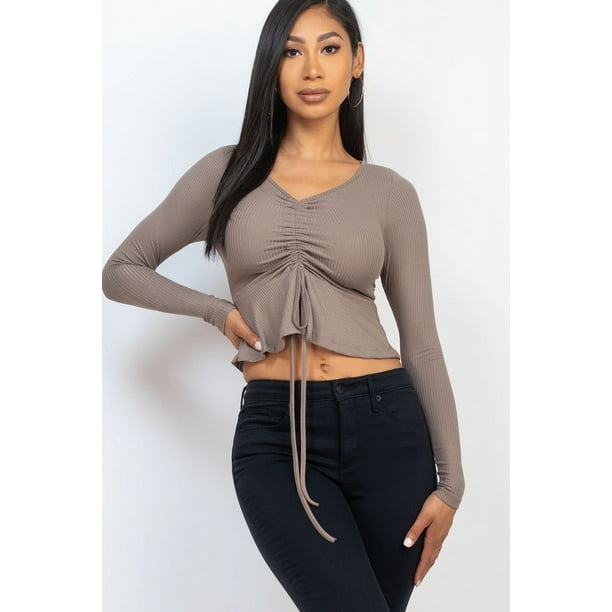 Top Peplum de Manga Larga con Cordón Delantero Acanalado