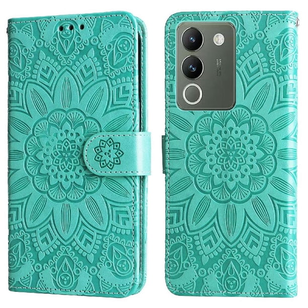 Funda tipo cartera FOXDOCK para Vivo Y200 5G , diseño girasol en relieve, cuero PU, cierre magnético, soporte y tarjetero