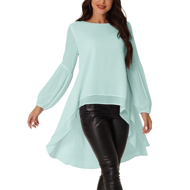 INSPIRE CHIC Blusas asimétricas de gasa casuales elegantes para mujer con mangas largas de linterna y cuello redondo L Verde menta