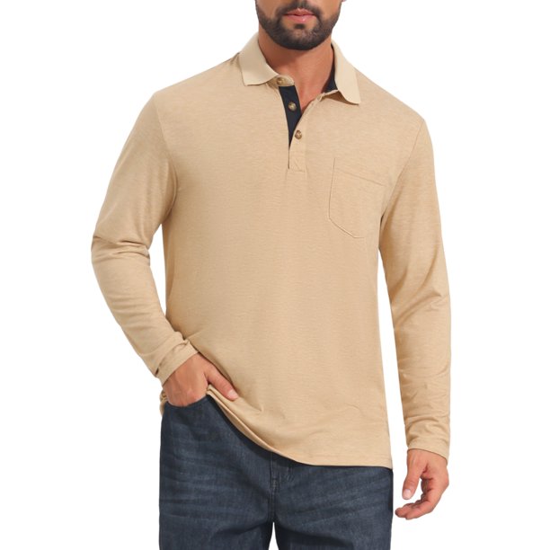 INSPIRE CHIC Camisetas de Polo de Golf para Hombre con Botones de Contraste, Cuello con Bolsillo, Mangas Largas, Talla L, Beige
