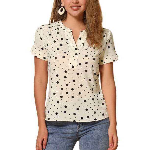 INSPIRE CHIC Blusa de Mujer con Estampado de Puntos para Regreso a Clases, Cuello en V, Manga Corta, Top para el Trabajo, Talla L, Negro-Albaricoque