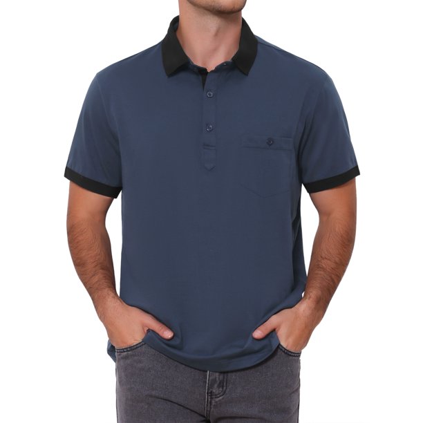 INSPIRE CHIC Camisas de Polo de Golf de Verano para Hombre con Cuello en Contraste y Bolsillo de Manga Corta XL Azul Marino