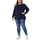 thumbnail image 2 of Agnes Orinda Camiseta de Mujer Talla Grande con Detalle de Pliegues en el Frente Cuello Redondo Manga Larga Camiseta Básica Casual Blusa 3X Azul Marino, 2 of 6