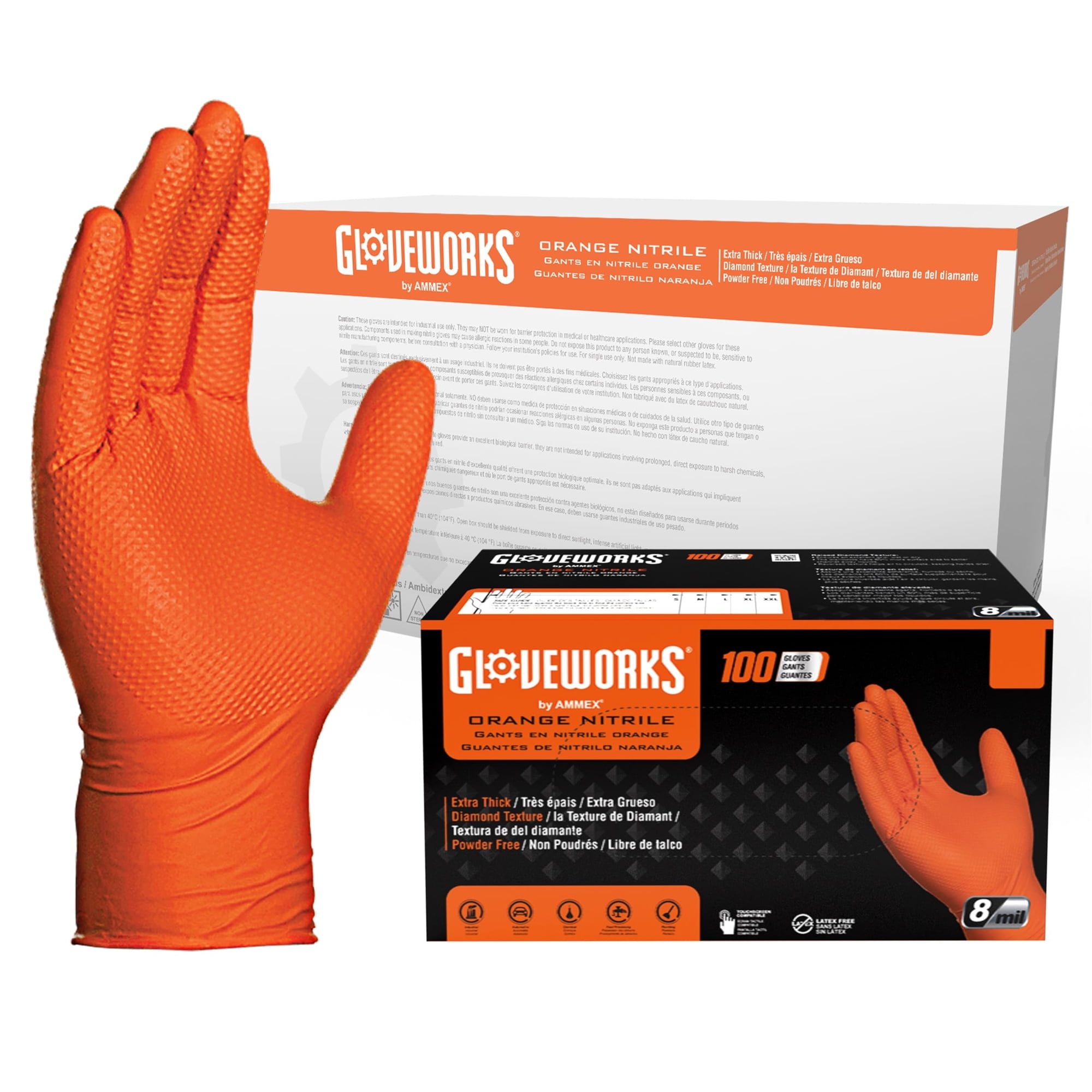 Guantes Desechables Gloveworks Hd De Nitrilo Naranja, Caja De 1000 Pulgadas