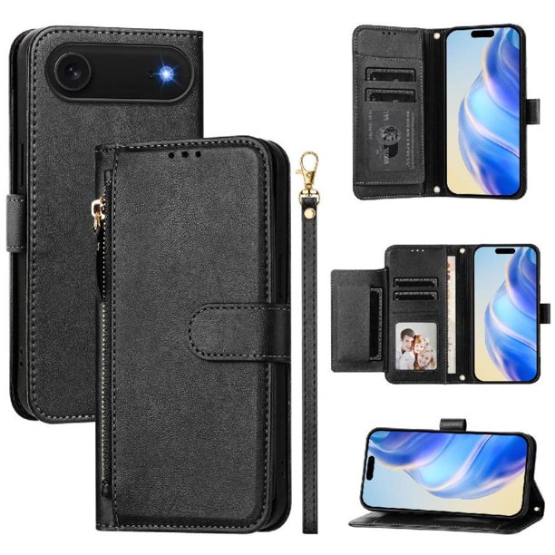 Funda Billetera Cremallera para iPhone 17 AIr con Porta Tarjetas, Soporte y Correa Negro
