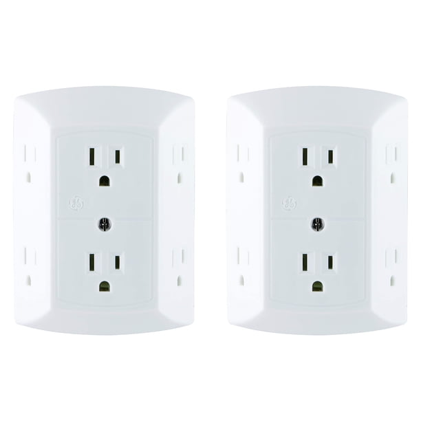 Outlet Extender GE, paquete de 2 grifos de pared con conexión a tierra, 6 salidas, color blanco
