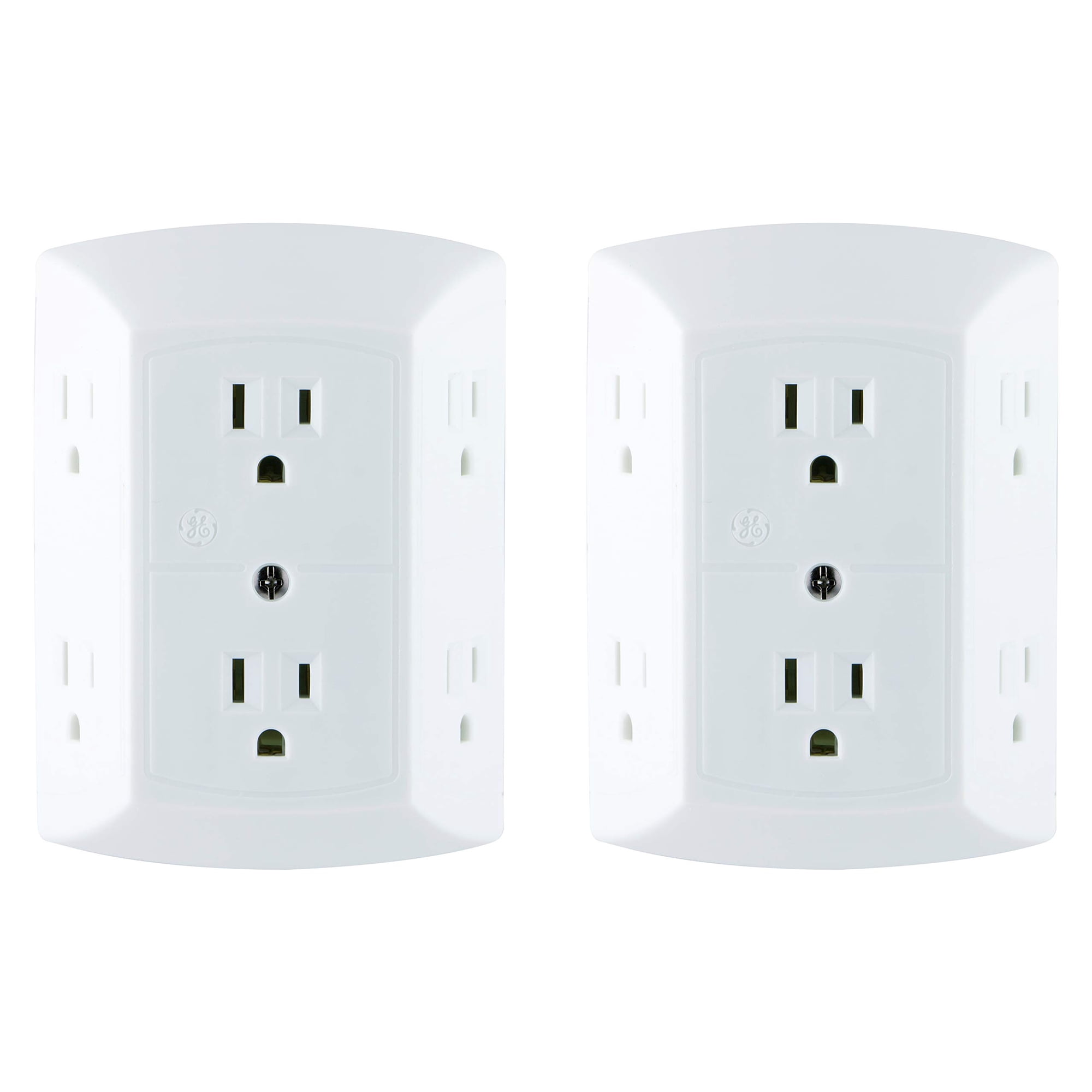 Outlet Extender Ge, Paquete De 2 Grifos De Pared Con Conexión A Tierra, 6 Salidas, Color Blanco