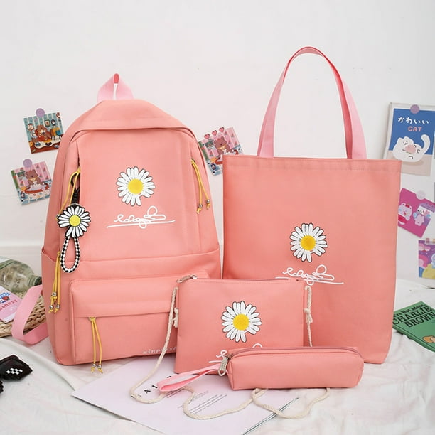 4pcs/Set Preppy Style Daisy Print Backpacks Canvas School Rucksack Teenager Girls Travel Mochila Shoulder Bags Students Clutches