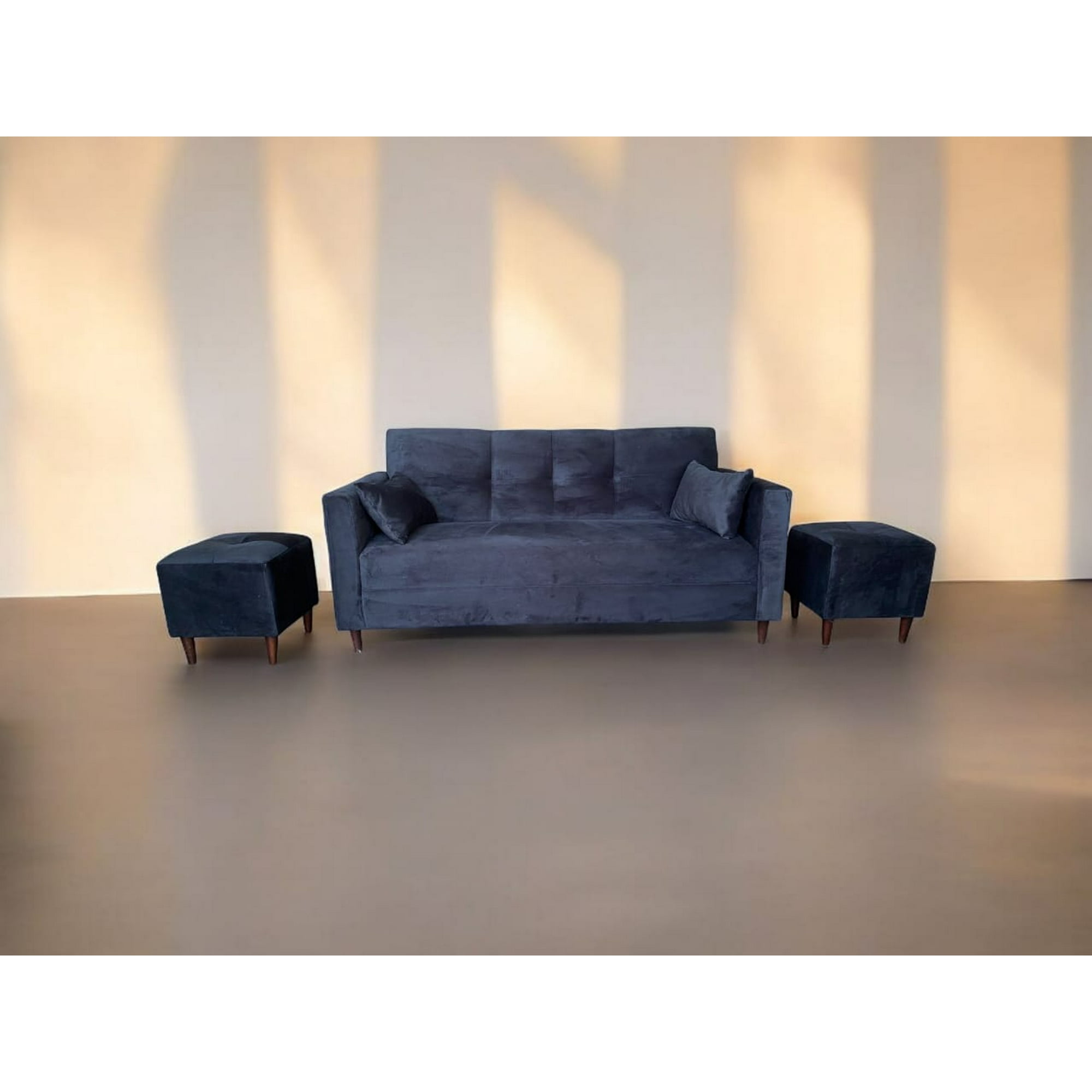 Dec-hogar - Sofa 2 Cuerpos + Dos Puff Felpa Negro 140x80x90