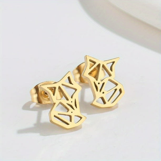 1pair Cute Origami Cat Stud Earrings For Men, Stainless Steel Kitten Earings, Animal Children Accessories
