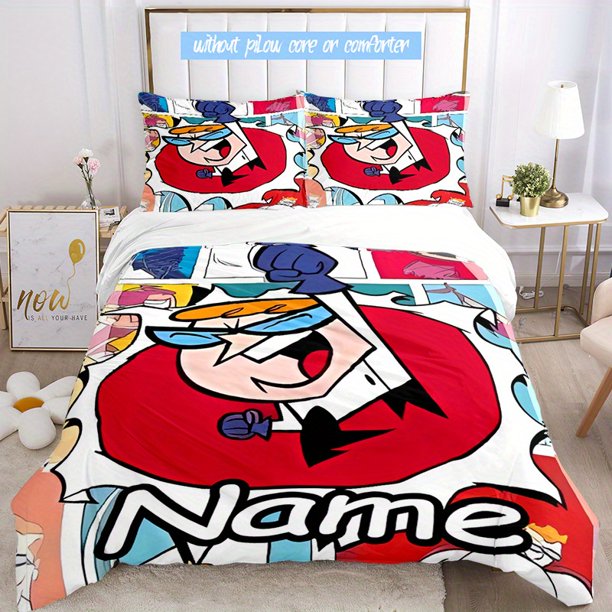 3pcs Custom Name Cartoon Dexters-Laboratory-Anime Theme Bedding Set Duvet Cover Closure Includes 1 Duvet Cover & 2 Pillowcases for All Seasons Bedroom Decor