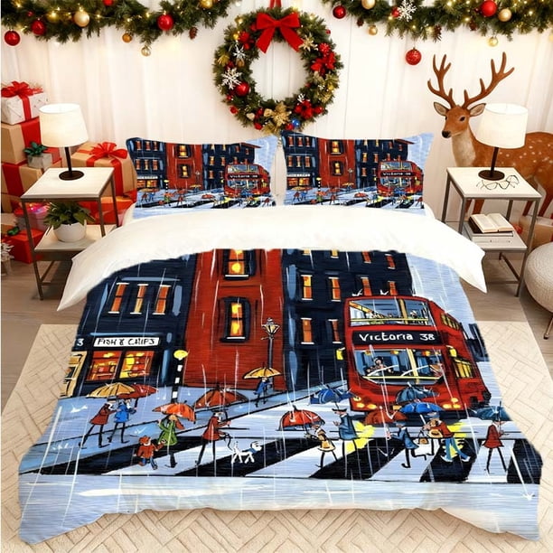 London Rainy Day Bus Printed Duvet Cover Set All-season Bedding Set with Colorful Patterns Essential for Home and Guest Rooms Ideal Gift for Friends and Family